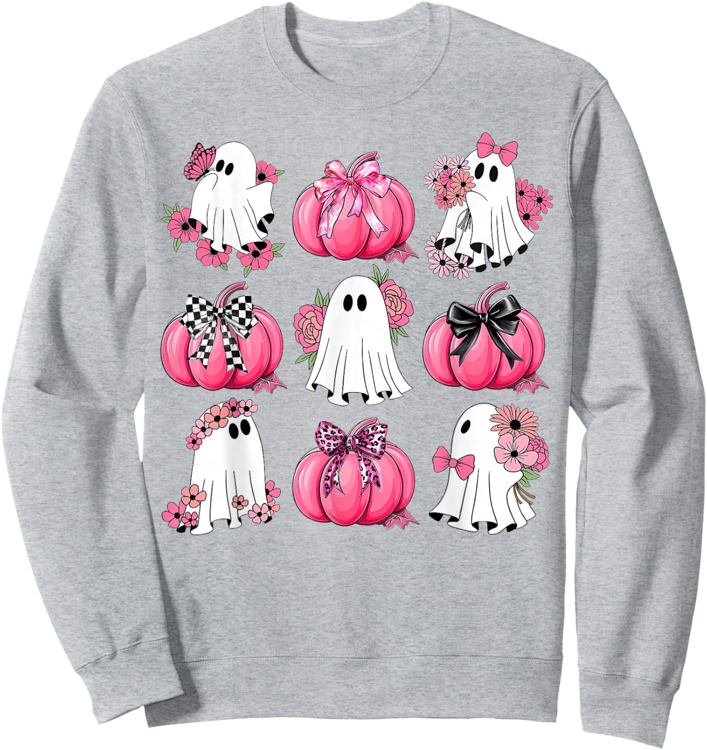 Cute Ghost Florals Pink Coquette Bows Pumpkins Halloween Sweatshirt - Sweatshirt | Ash