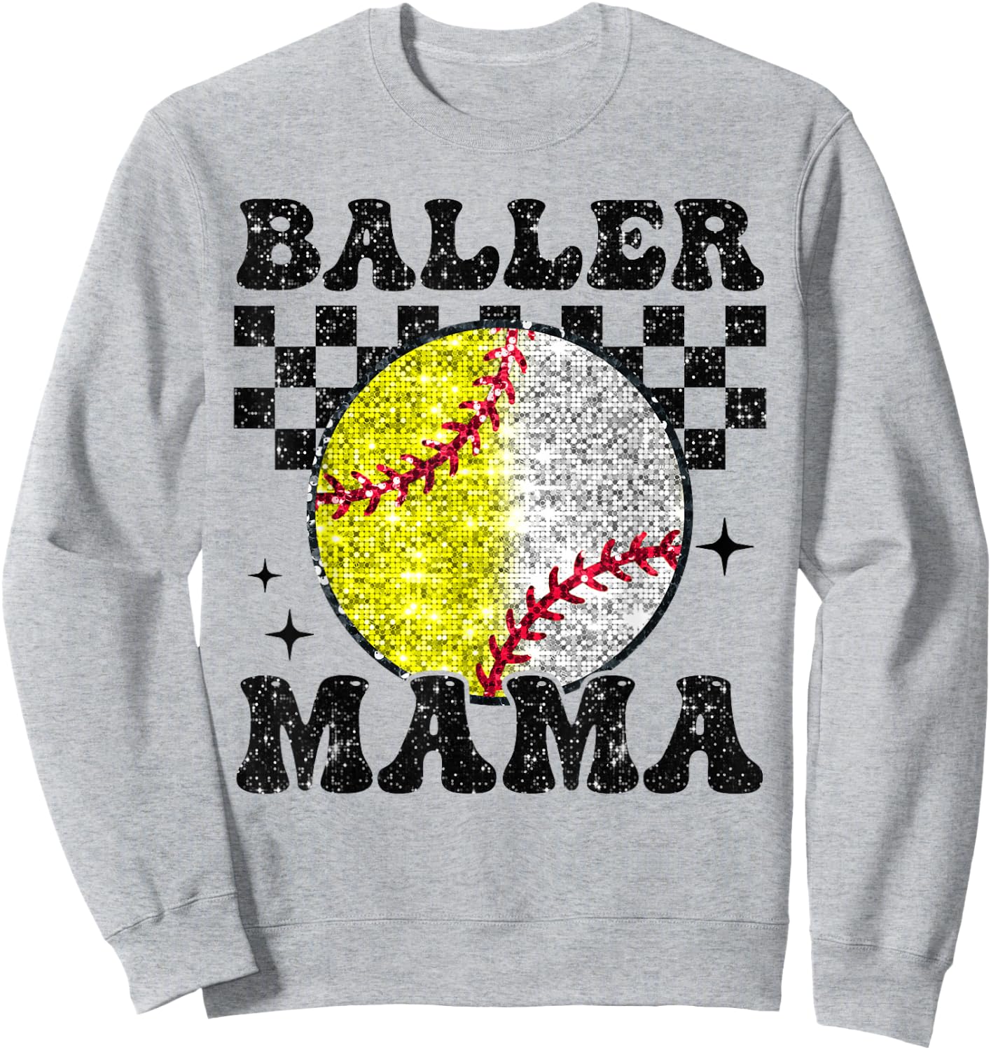 Baller Mama Checkered Retro Proud Softball Baseball Player Sweatshirt - Sweatshirt | Ash