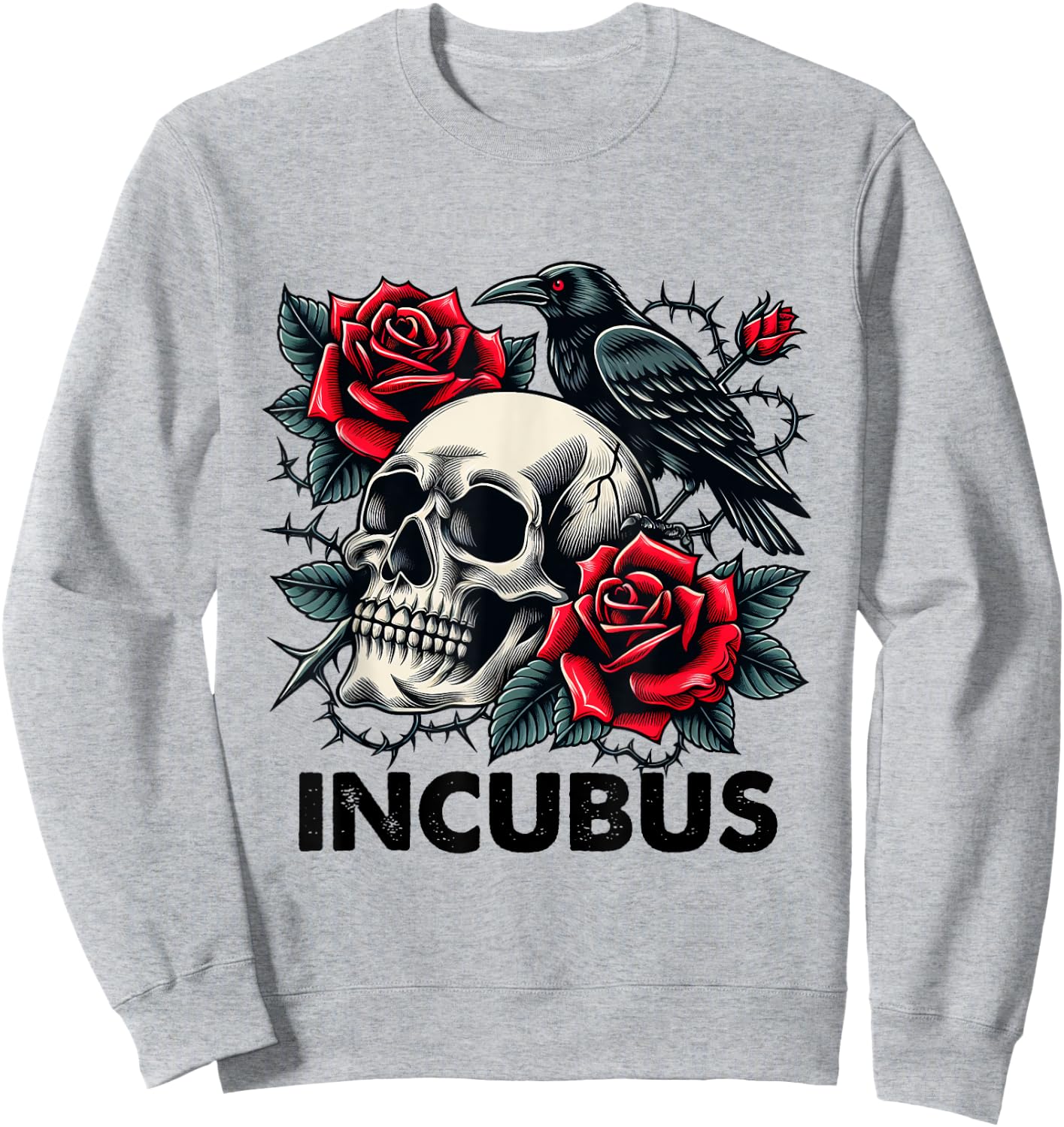 Retro Halloween Graphic Incubus-Crow Left Skull And Flower Sweatshirt - Sweatshirt | Ash