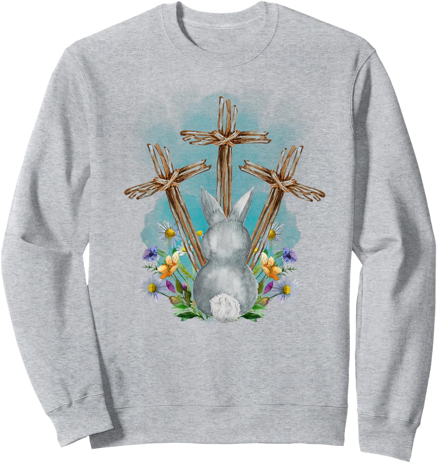 Easter Bunny with Trio Crosses Inspirational Christian Faith Sweatshirt - Sweatshirt | Ash