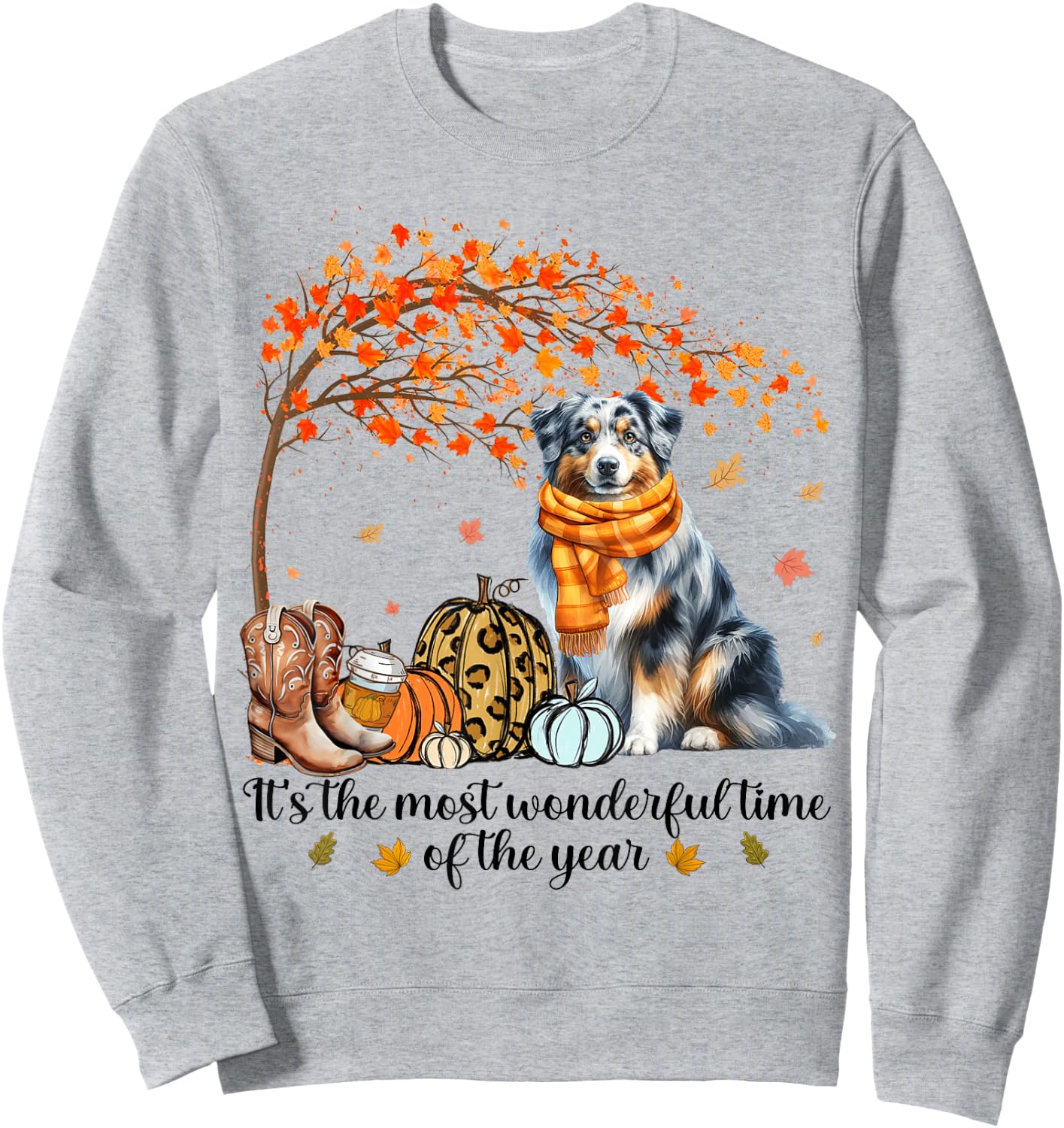 Fall Maple Tree Print Dog Lover Happy Thanksgiving Australian Shepherd Autumn Fall Sweatshirt - Sweatshirt | Ash