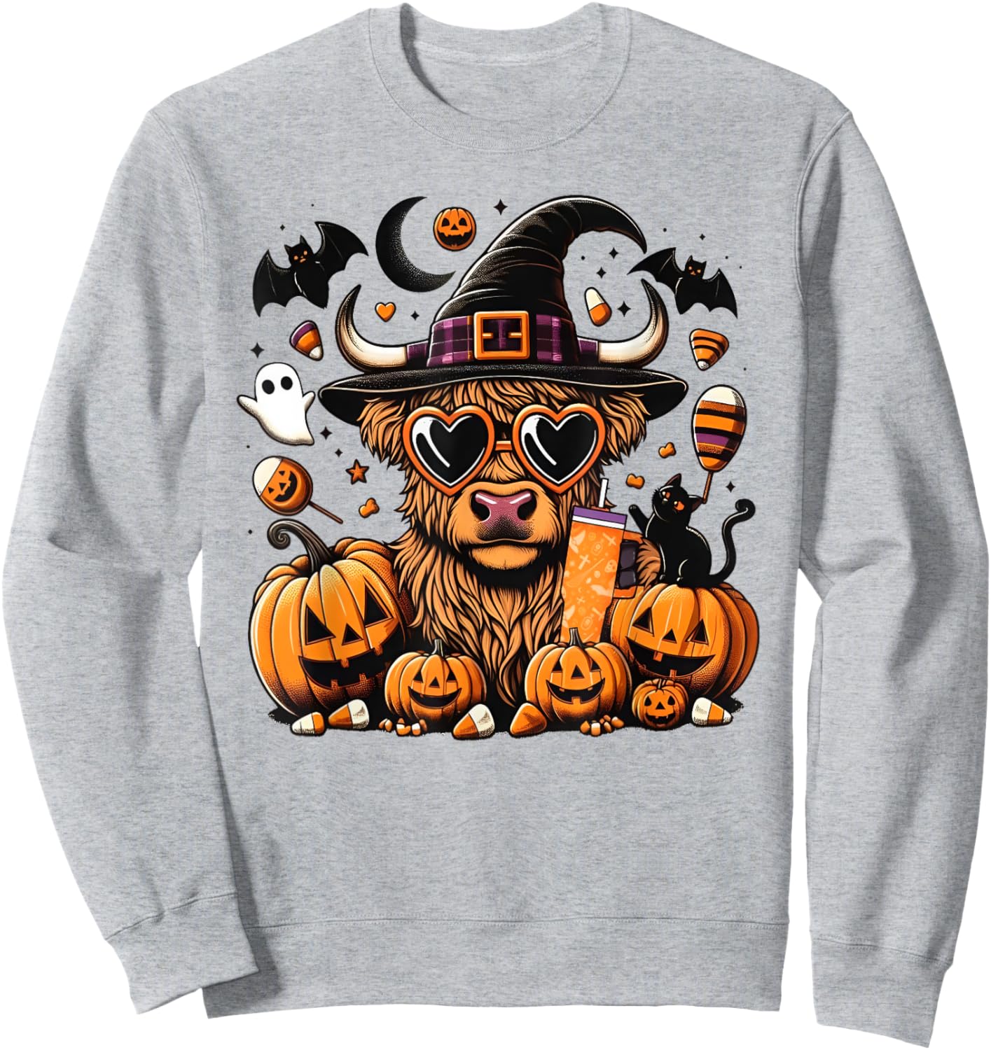 Halloween Highland Cow Witchy Cow Spooky Pumpkin Hello Fall Sweatshirt - Sweatshirt | Ash