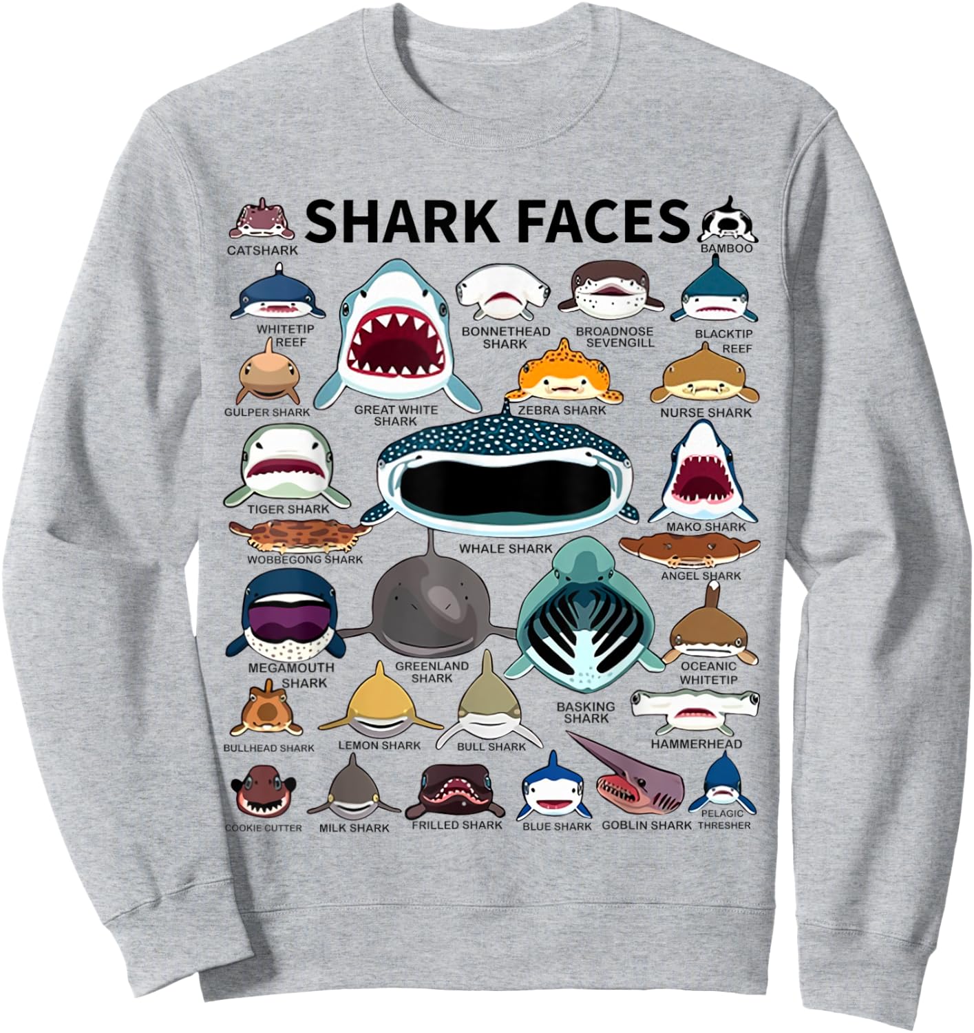 Shark Faces - Type of Shark - Shark Faces of All Kinds Sweatshirt - Sweatshirt | Ash