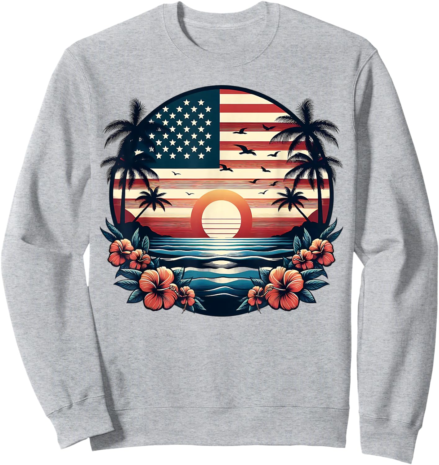 American Flag Palm Trees USA Patriotic 4th of July Summer Sweatshirt - Sweatshirt | Ash