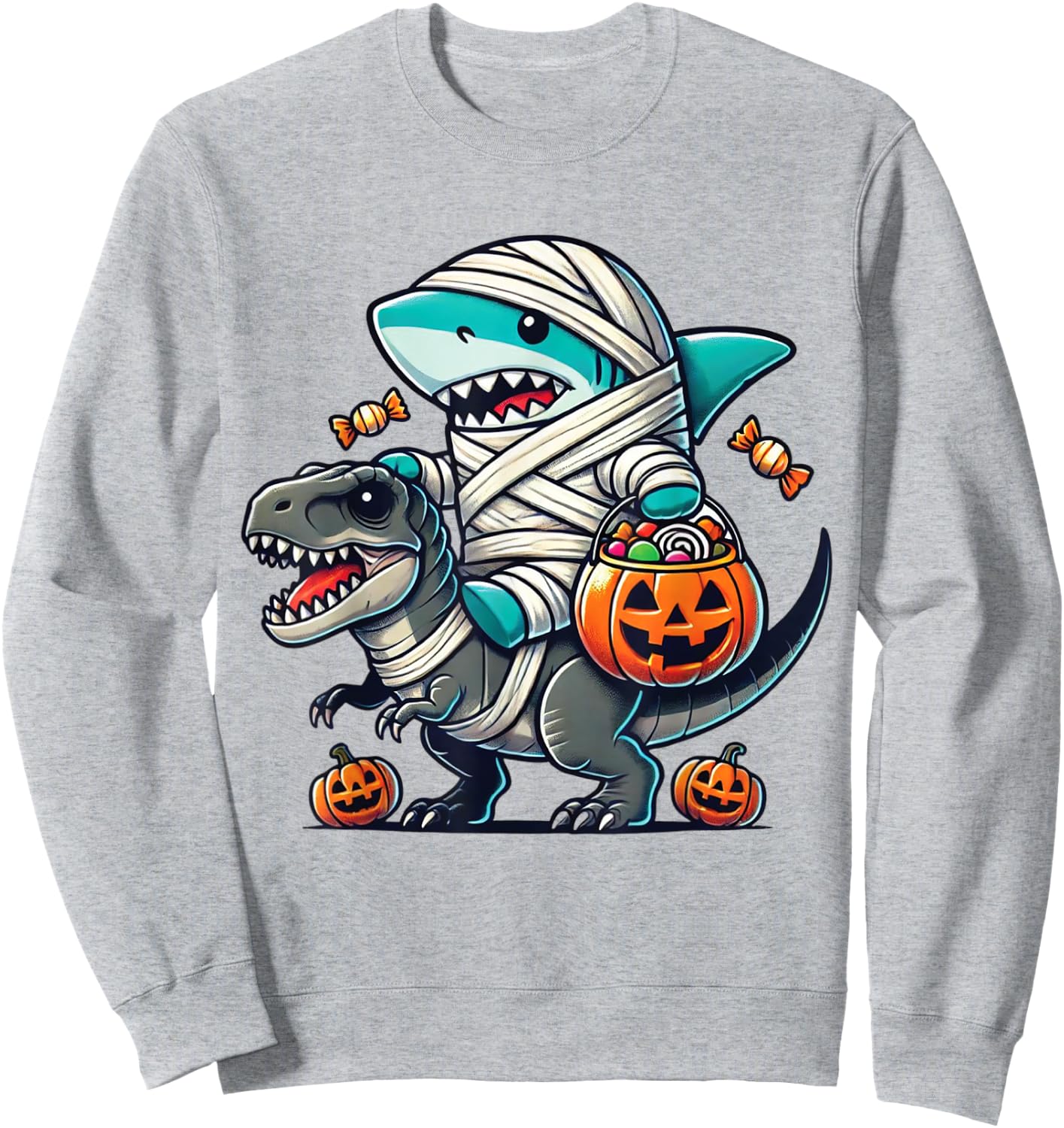 Shark Riding Dinosaur T-rex Funny Halloween Pumpkin Boys Kid Sweatshirt - Sweatshirt | Ash