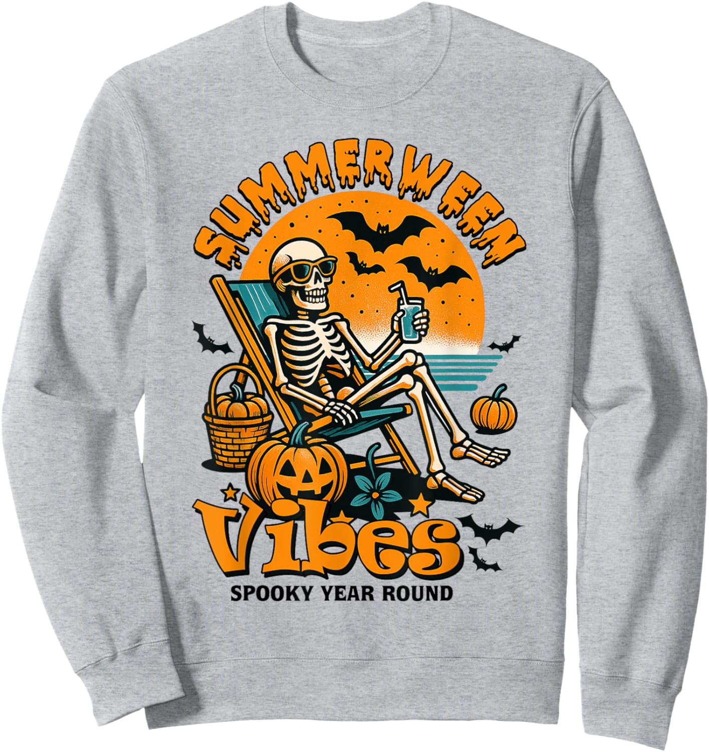 Summerween Vibes Funny Skeleton Spooky Year-round Beach Sweatshirt - Sweatshirt | Ash