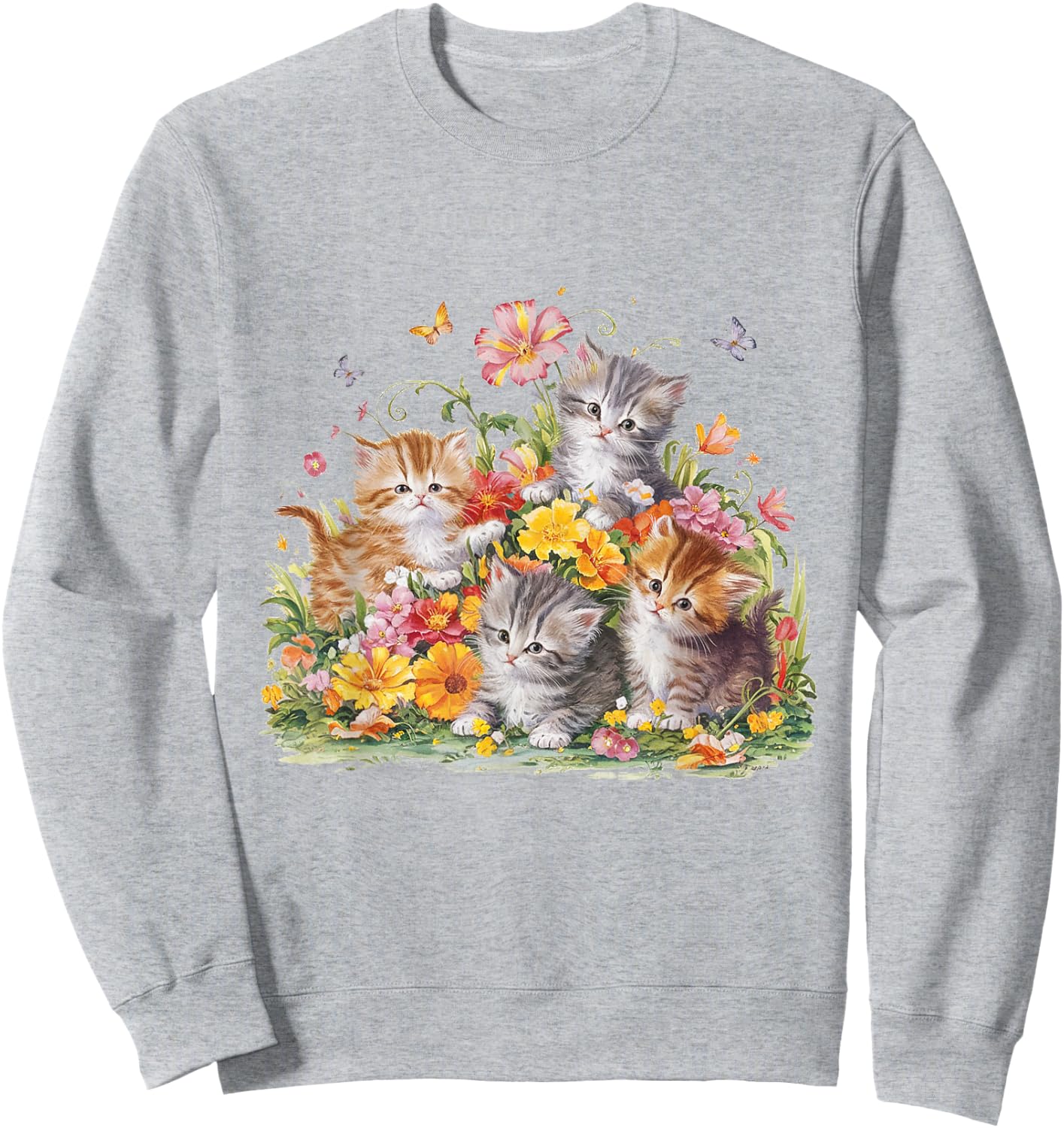 Floral Vintage Aesthetic Painted Kittens and Pressed Flower Sweatshirt - Sweatshirt | Ash
