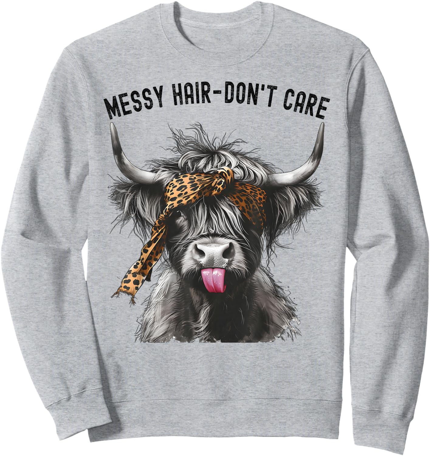 Highland Cow Leopard Print Messy Hair Don't Care Western Sweatshirt - Sweatshirt | Ash