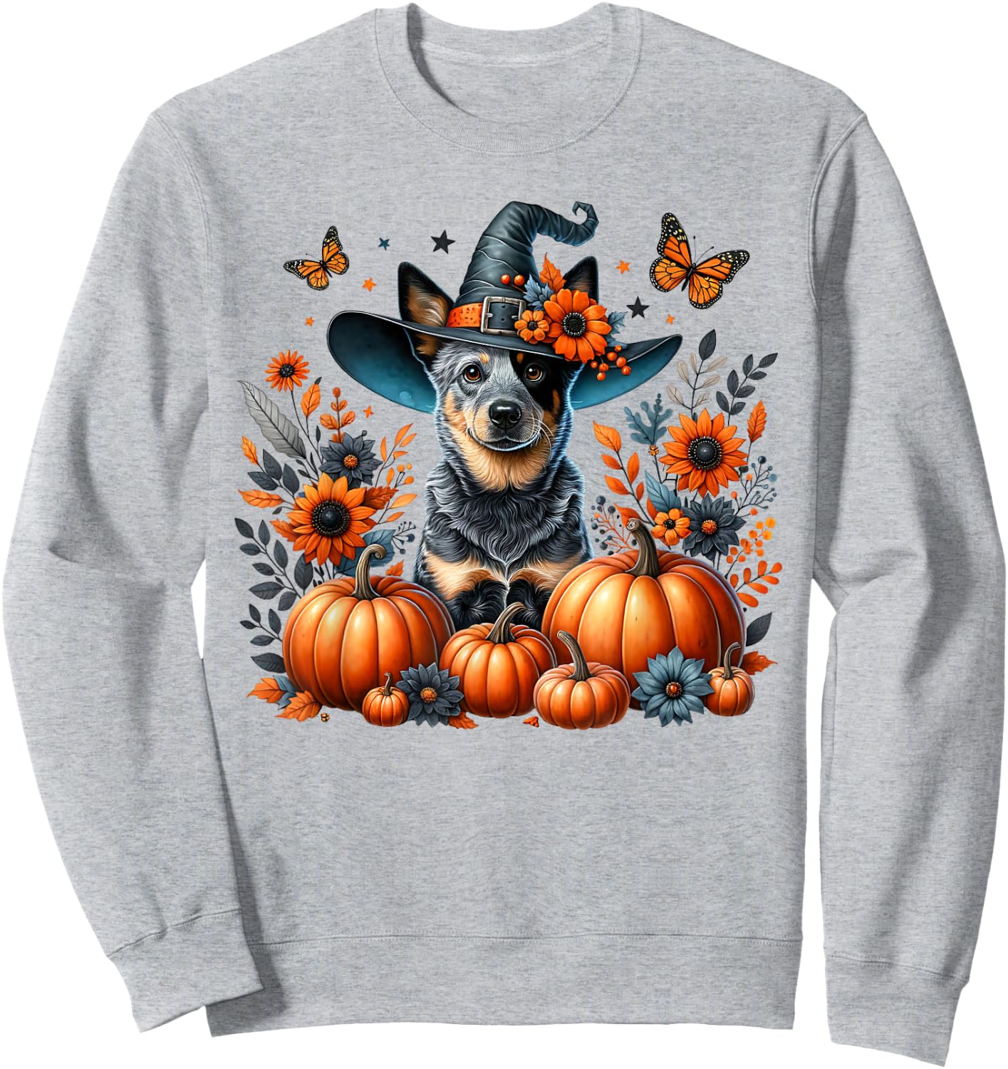 Halloween Blue Heeler Dog Pumpkin Autumn Season Flowers Sweatshirt - Sweatshirt | Ash