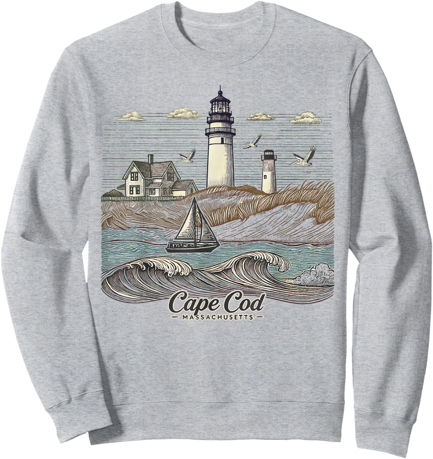 Vintage Cape Cod Massachusetts Nautical Lighthouse Seashore Sweatshirt - Sweatshirt | Ash