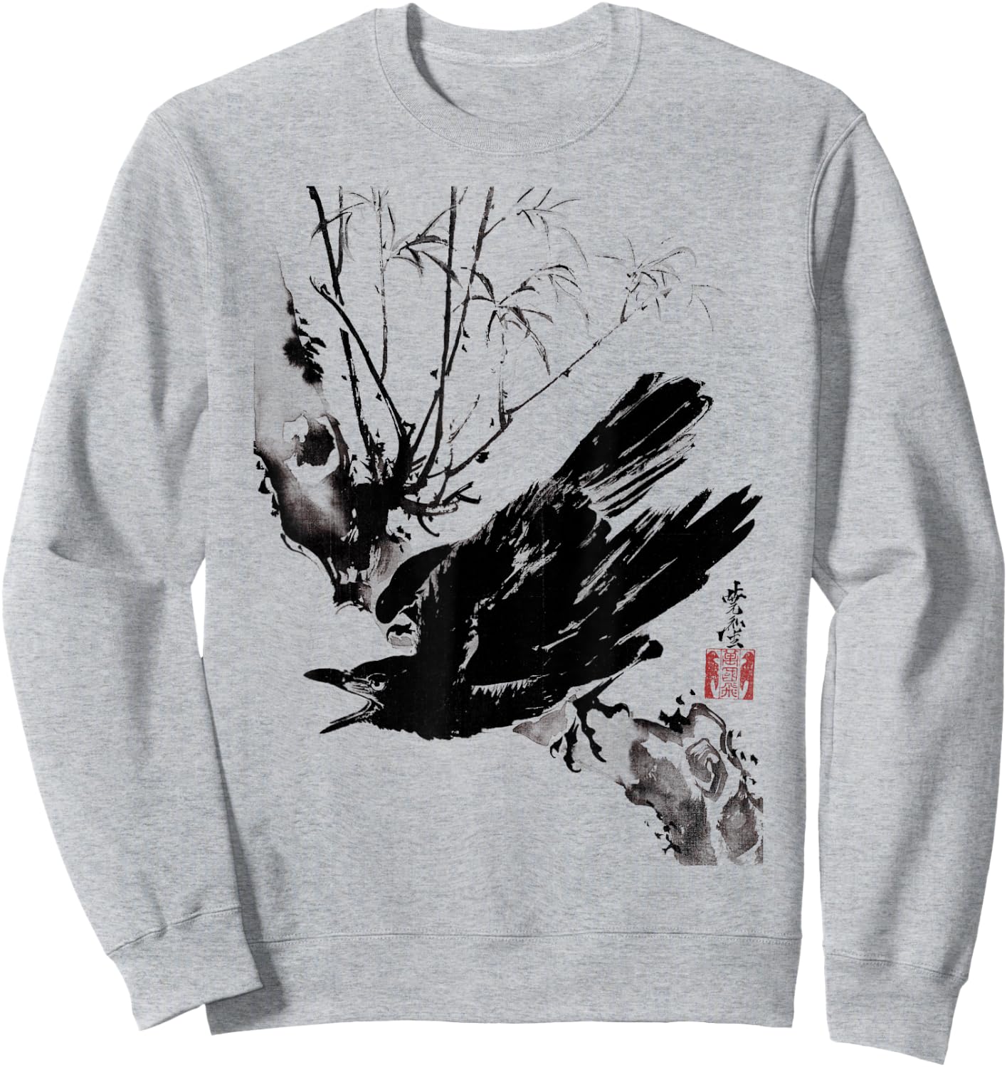 Crow Raven Bird Gothic Vintage Japanese Ukiyo-e Woodblock Sweatshirt - Sweatshirt | Ash