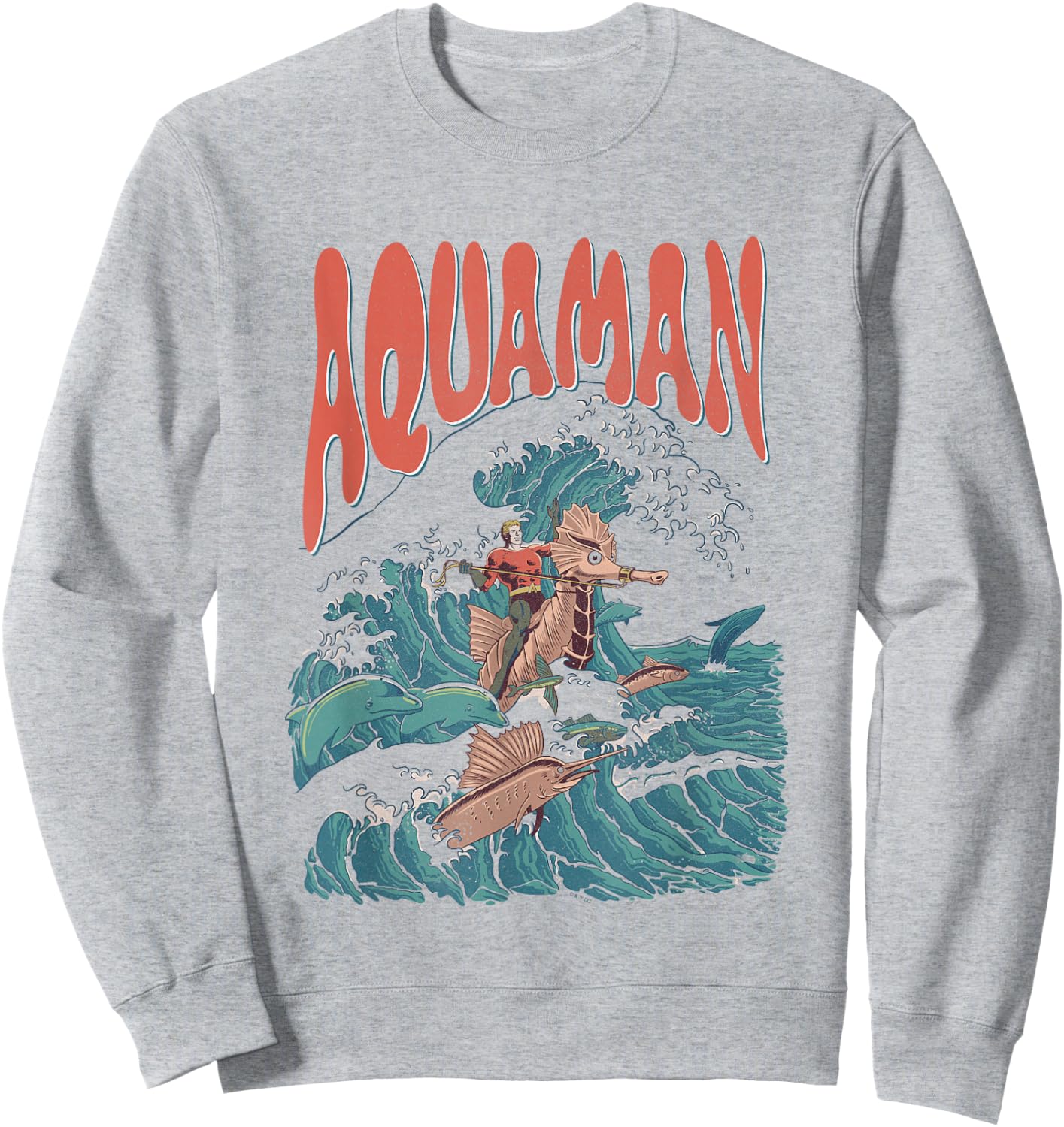 DC Comics Aquaman Kanagawa Wave Vintage Superhero Sweatshirt - Sweatshirt | Ash