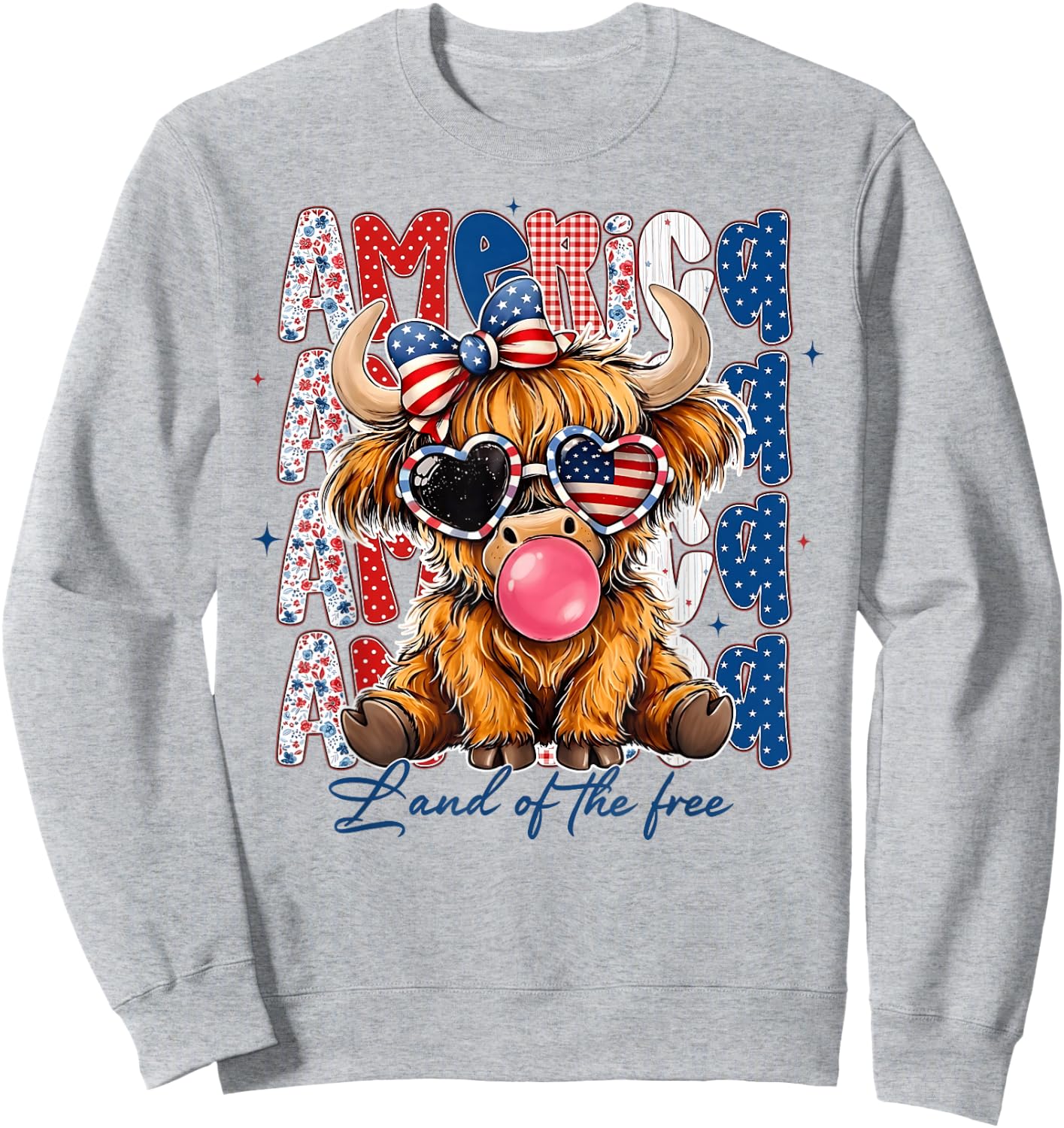 4th of July Highland Cow USA Flag Sunglasses Girl Women Sweatshirt - Sweatshirt | Ash