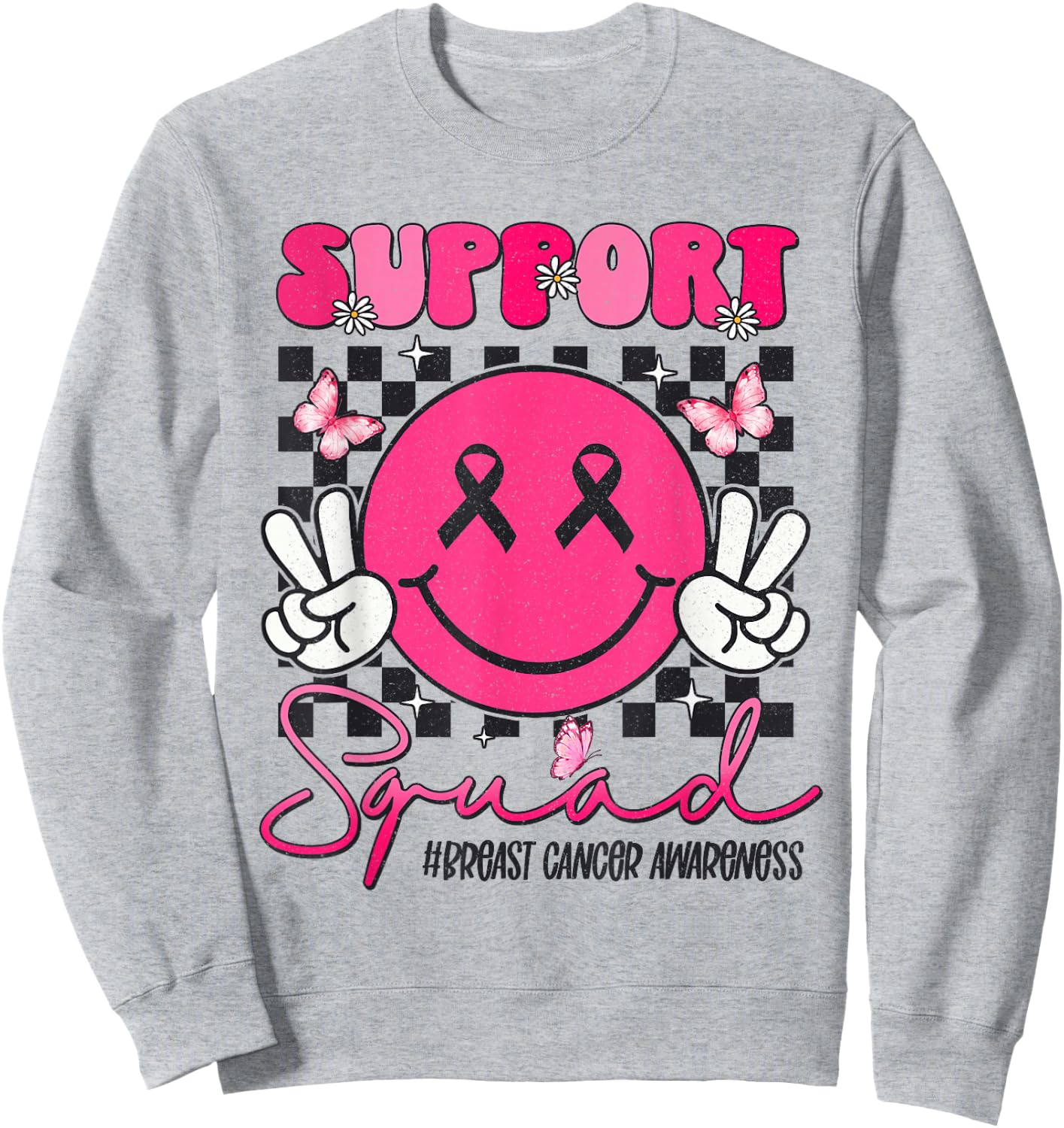 Support Squad Breast Cancer Awareness Smile Face Pink Ribbon Sweatshirt - Sweatshirt | Ash
