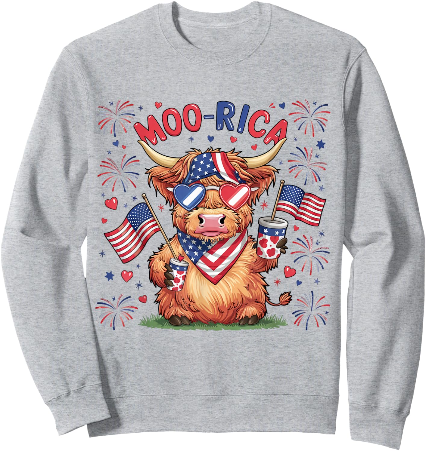 Moo-Rica Western America Highland Cow 4th Of July USA Flag Kids Men Sweatshirt - Sweatshirt | Ash