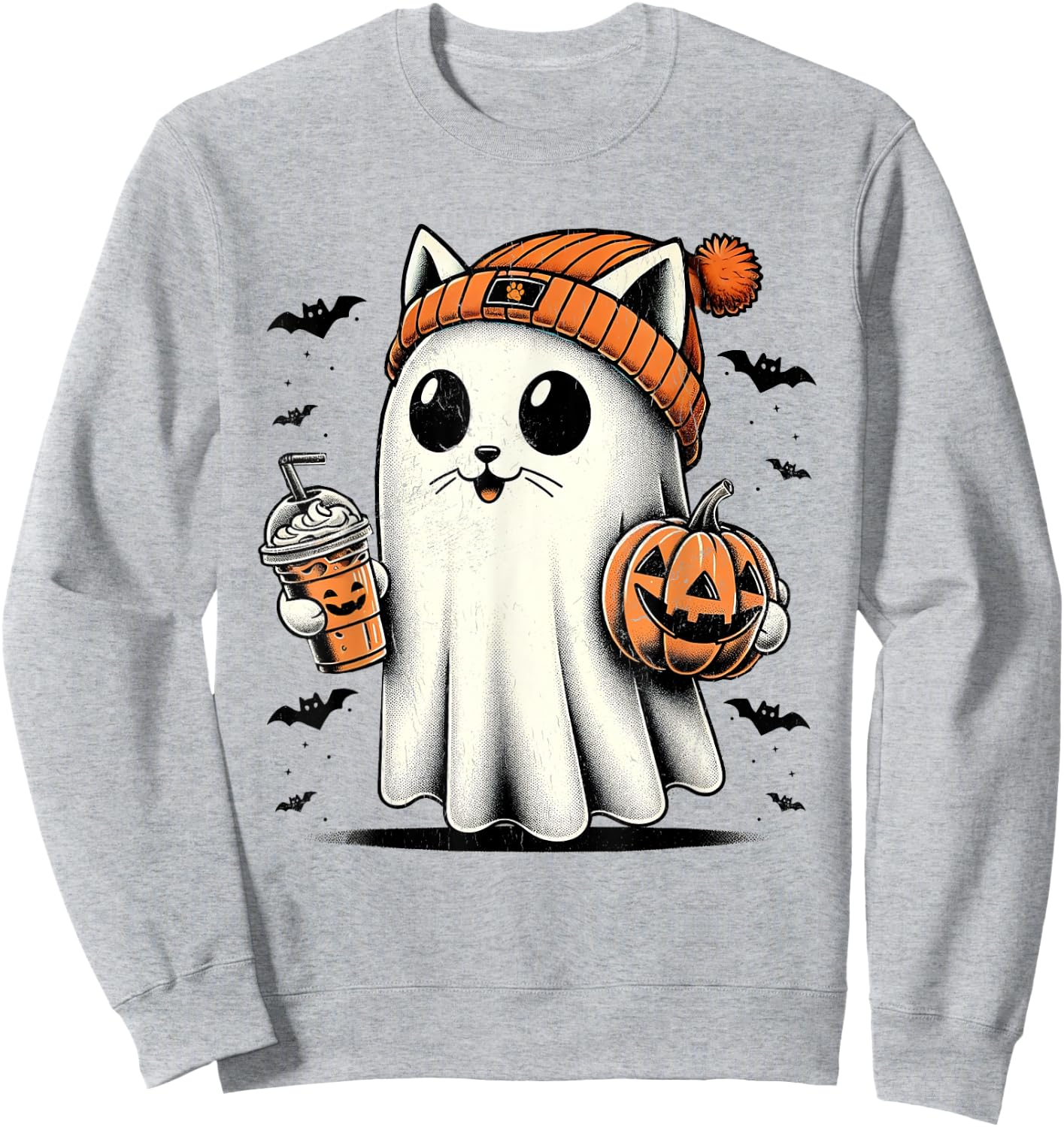 Cute Cat Ghost Iced Coffee Funny Ghost Halloween Ice Coffee Women Kids Sweatshirt - Sweatshirt | Ash