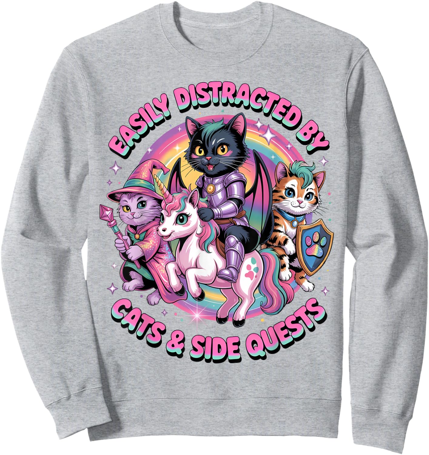 Gamer Cats Side Quest Distracted Cute Girls Unicorn RPG Sweatshirt - Sweatshirt | Ash