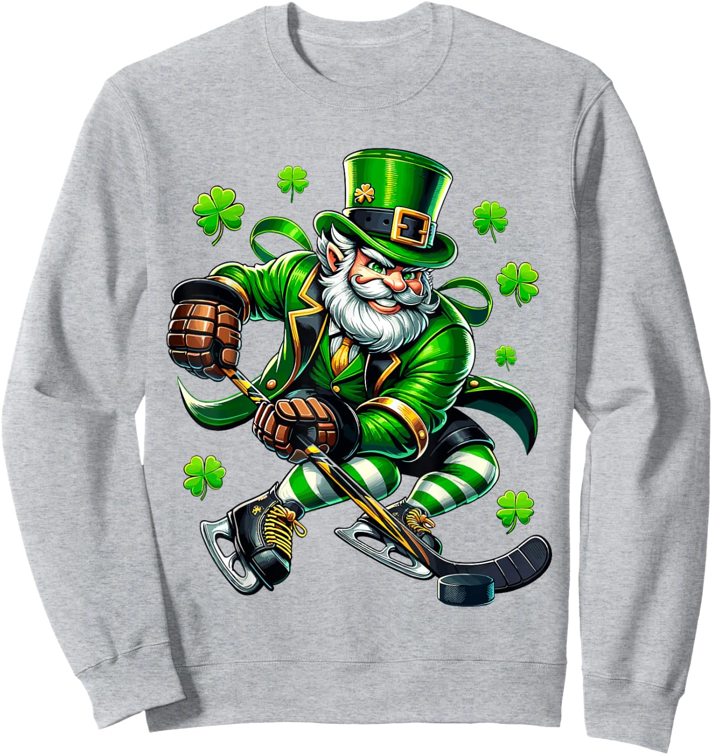 St Patricks Day Leprechaun Showing Hockey Skills Men Women Sweatshirt - Sweatshirt | Ash