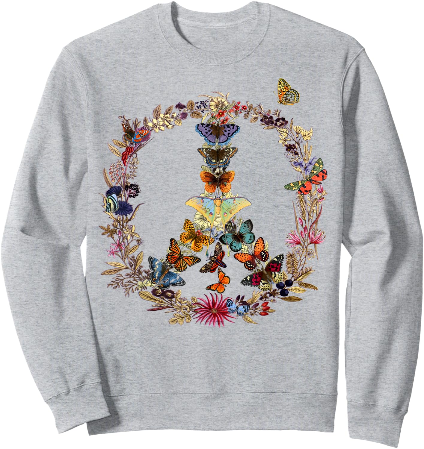 Peace Sign Butterflies flowers 60's 70s Retro Hippie Sweatshirt - Sweatshirt | Ash