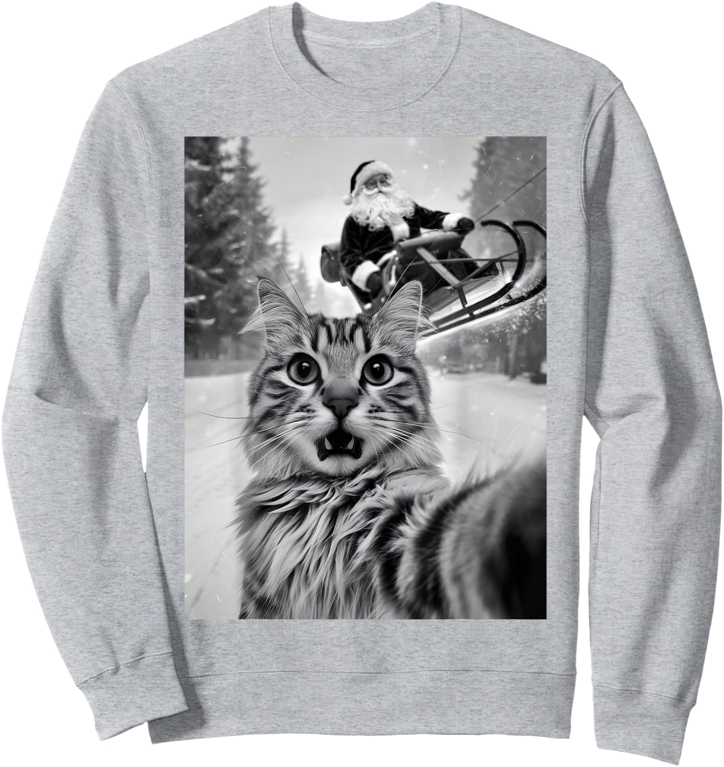 Christmas Cat Selfie With Santa Claus Sleigh Merry X-Mas Men Women Kids Sweatshirt - Sweatshirt | Ash
