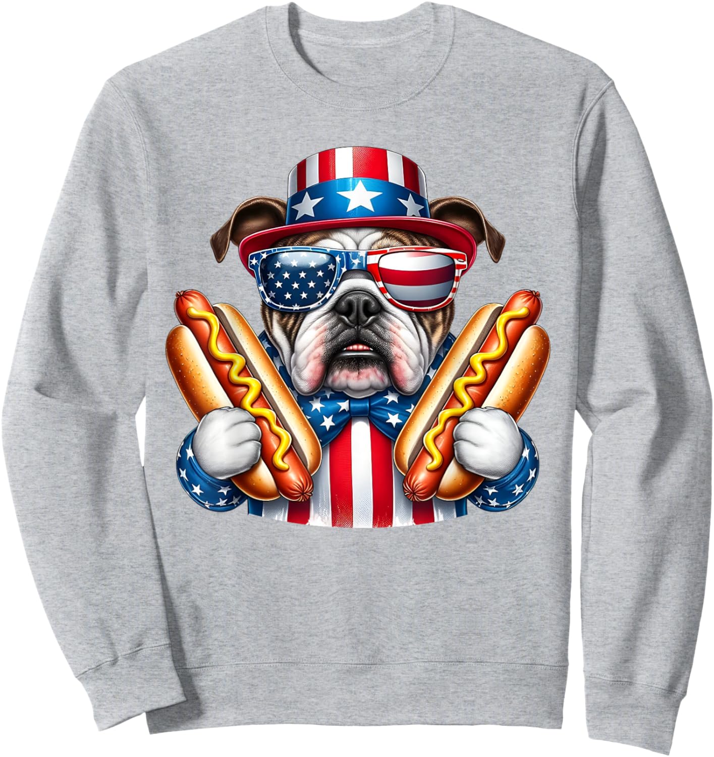 English Bulldog Dog 4th of July Hotdog USA Flag Patriotic Sweatshirt - Sweatshirt | Ash