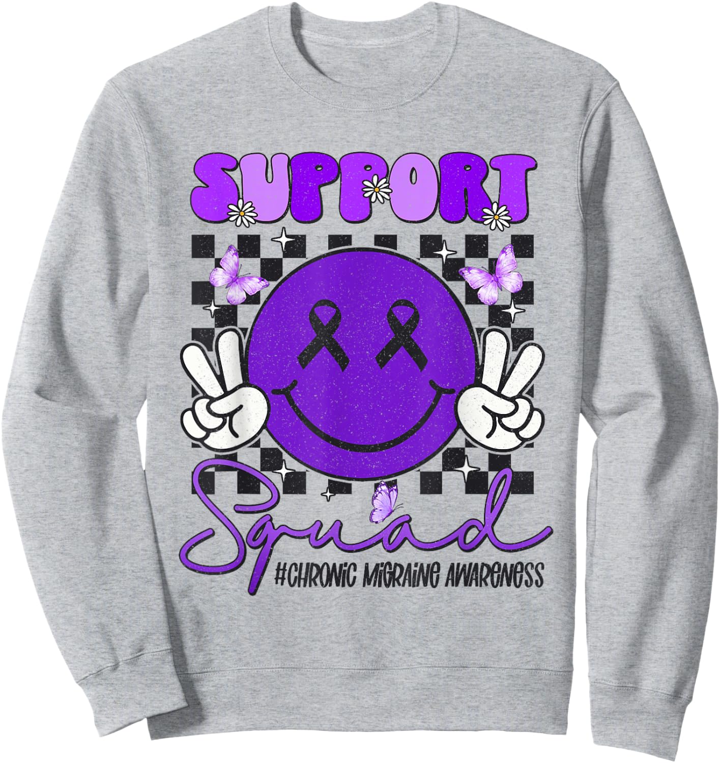 Chronic Migraine Awareness Support Smile Face Purple Ribbon Sweatshirt - Sweatshirt | Ash