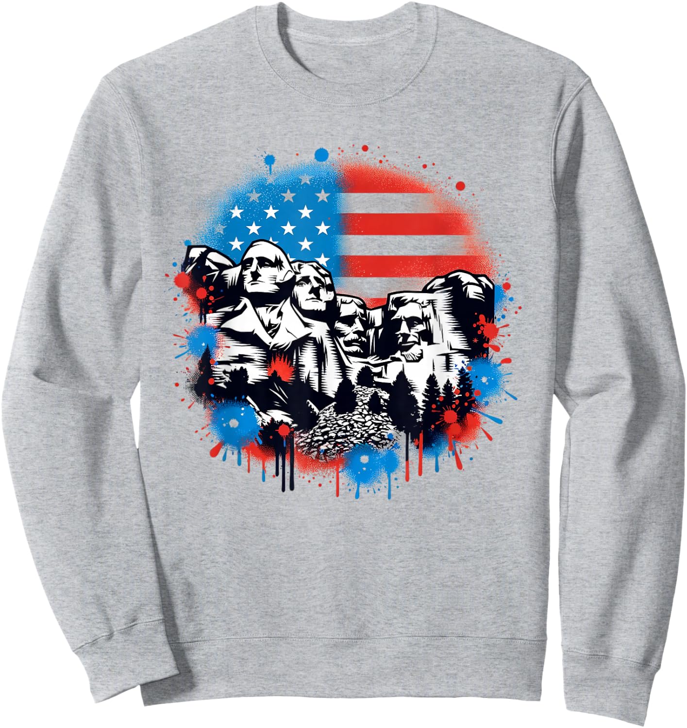 Mount Rushmore Paint Splatter American Flag USA Pride Sweatshirt - Sweatshirt | Ash