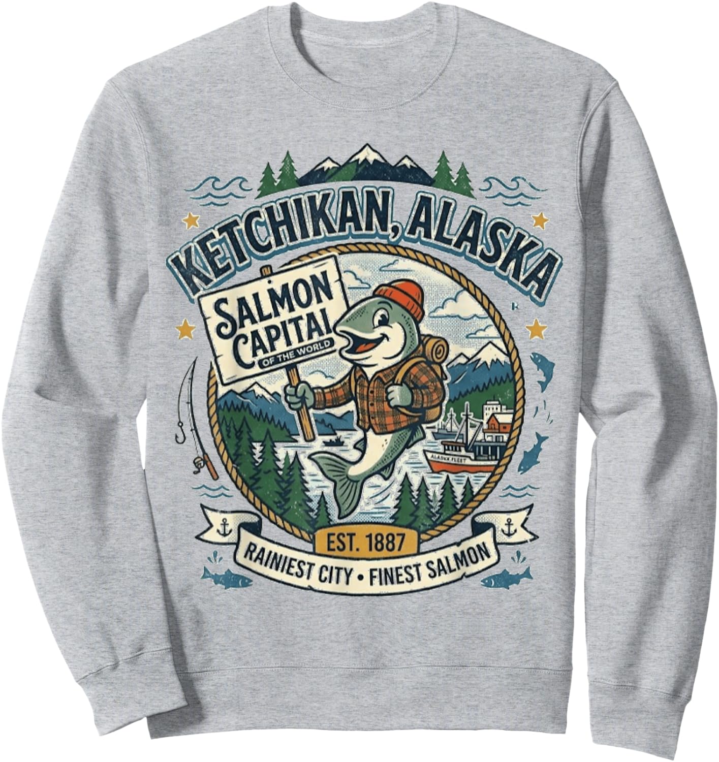 Ketchikan, Alaska - Salmon Capital - Vintage Mascot Logo Sweatshirt - Sweatshirt | Ash
