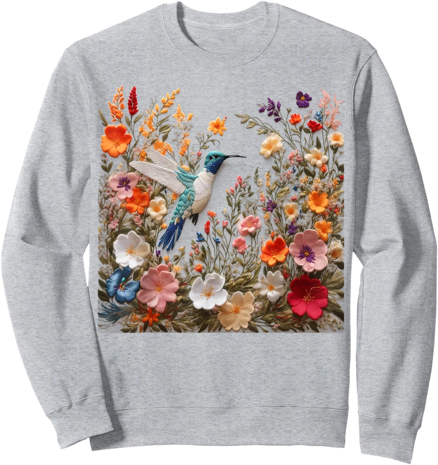 Embroidered Flower Hummingbird Floral Hummingbird in Bloom Sweatshirt - Sweatshirt | Ash