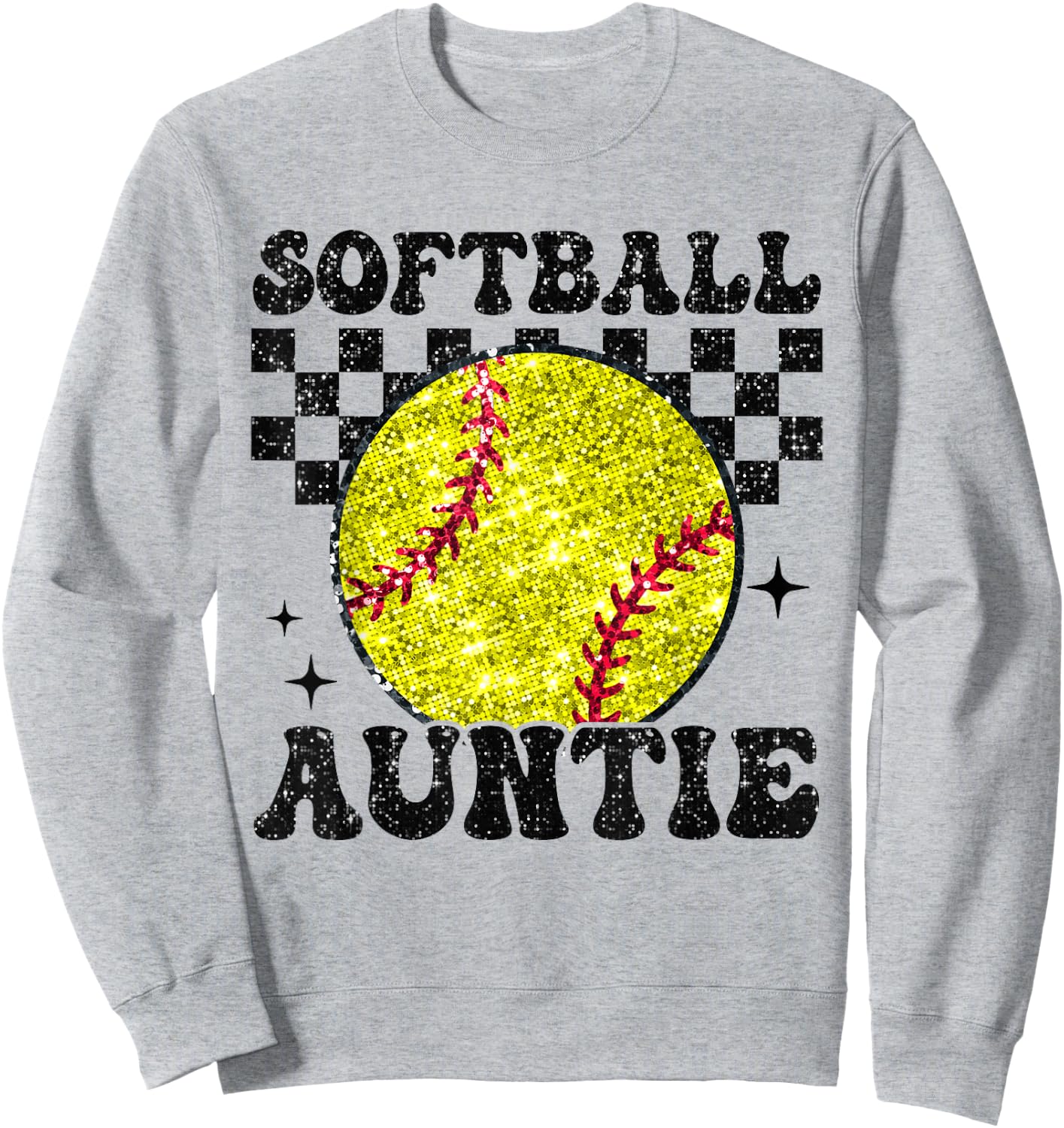 Softball Auntie Checkered Retro Funny Softball Aunt Family Sweatshirt - Sweatshirt | Ash