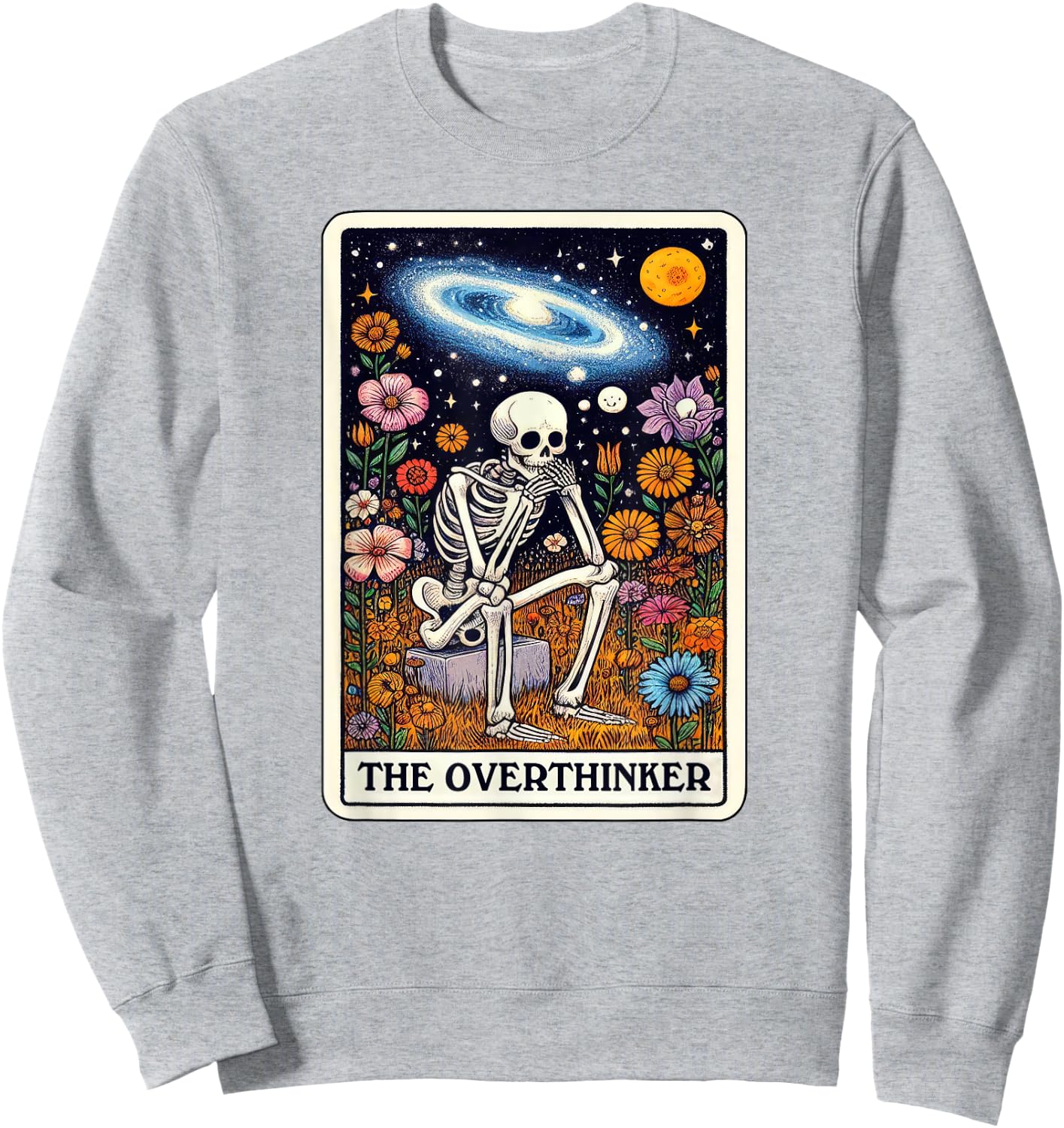 Funny Over Thinker Cool Tarot Card Skeleton Graphic Sweatshirt - Sweatshirt | Ash