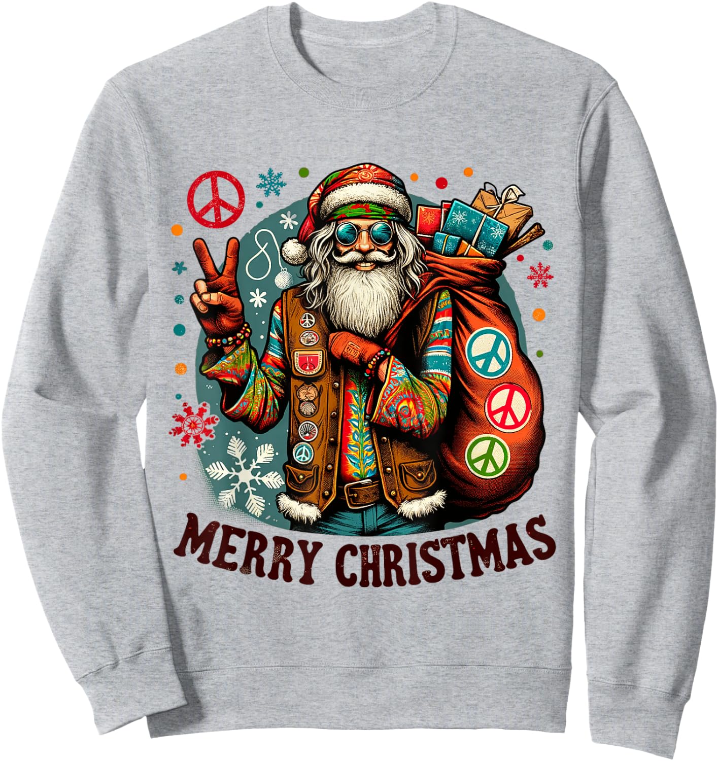 Hippie Santa Claus Christmas Peace Love & Merry X-Mas Winter Sweatshirt - Sweatshirt | Ash