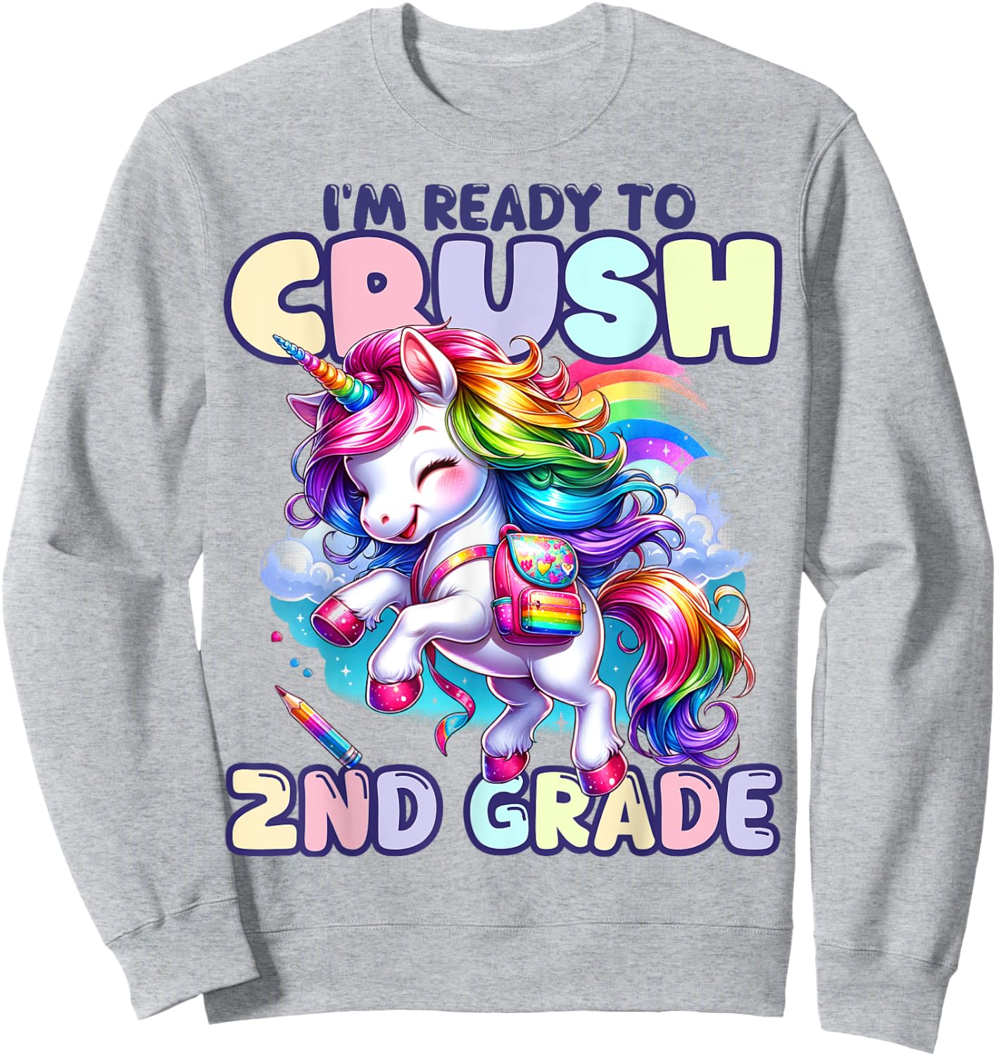 Crush 2nd Grade Girls Back to School Unicorn First Day Cute Sweatshirt - Sweatshirt | Ash