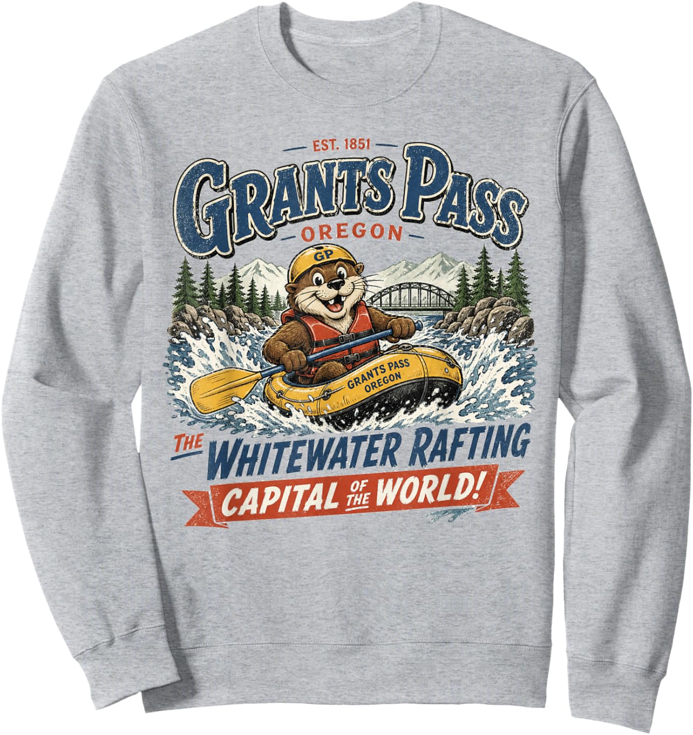 Grants Pass Oregon Whitewater Rafting Capital Vintage Logo Sweatshirt - Sweatshirt | Ash