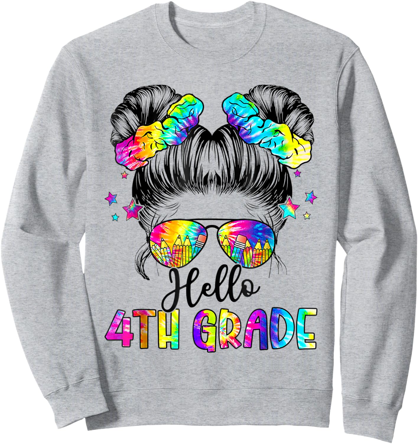 Hello 4th Grade Messy Hair Bun Girl Back To School First Day Sweatshirt - Sweatshirt | Ash