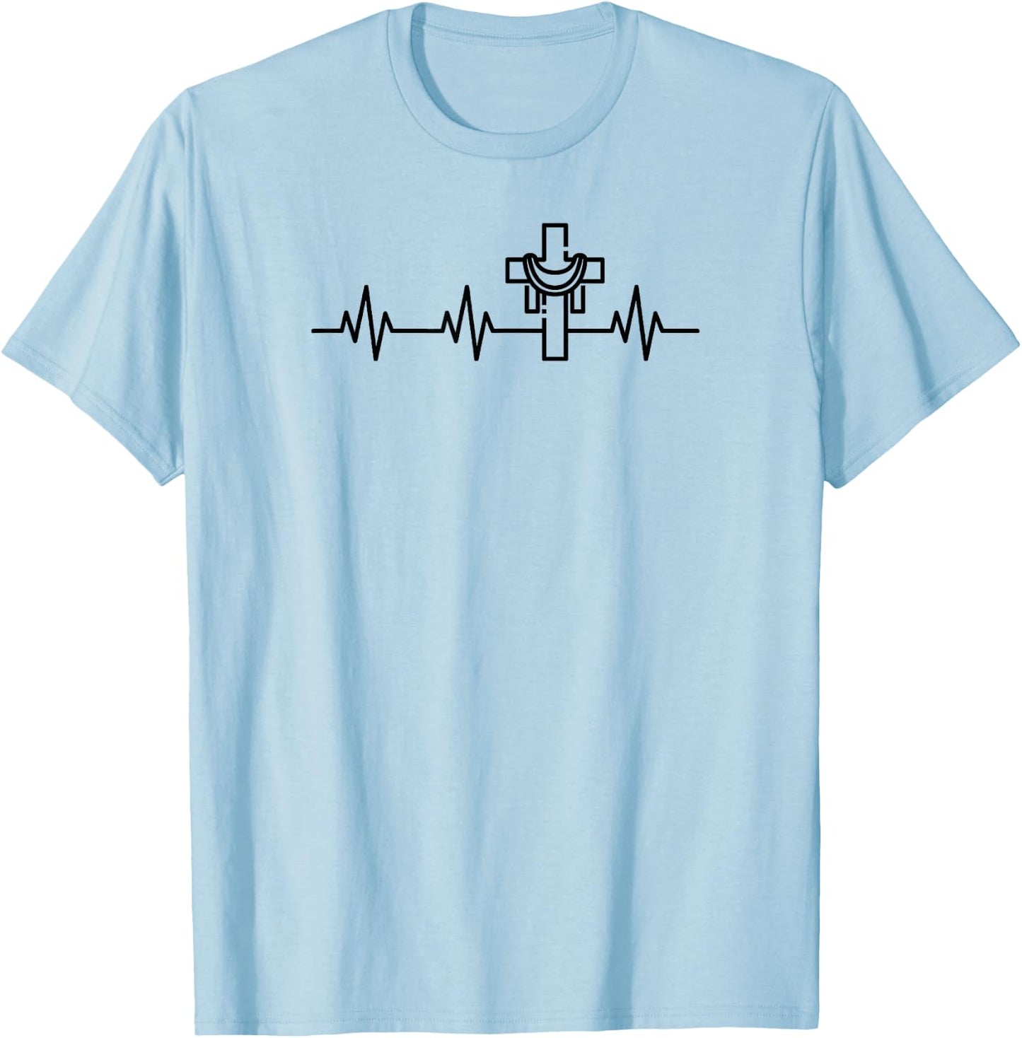 Christian Cross Heartbeat Life Heart EKG Pulse Easter T-Shirt - T-Shirt | Light Blue
