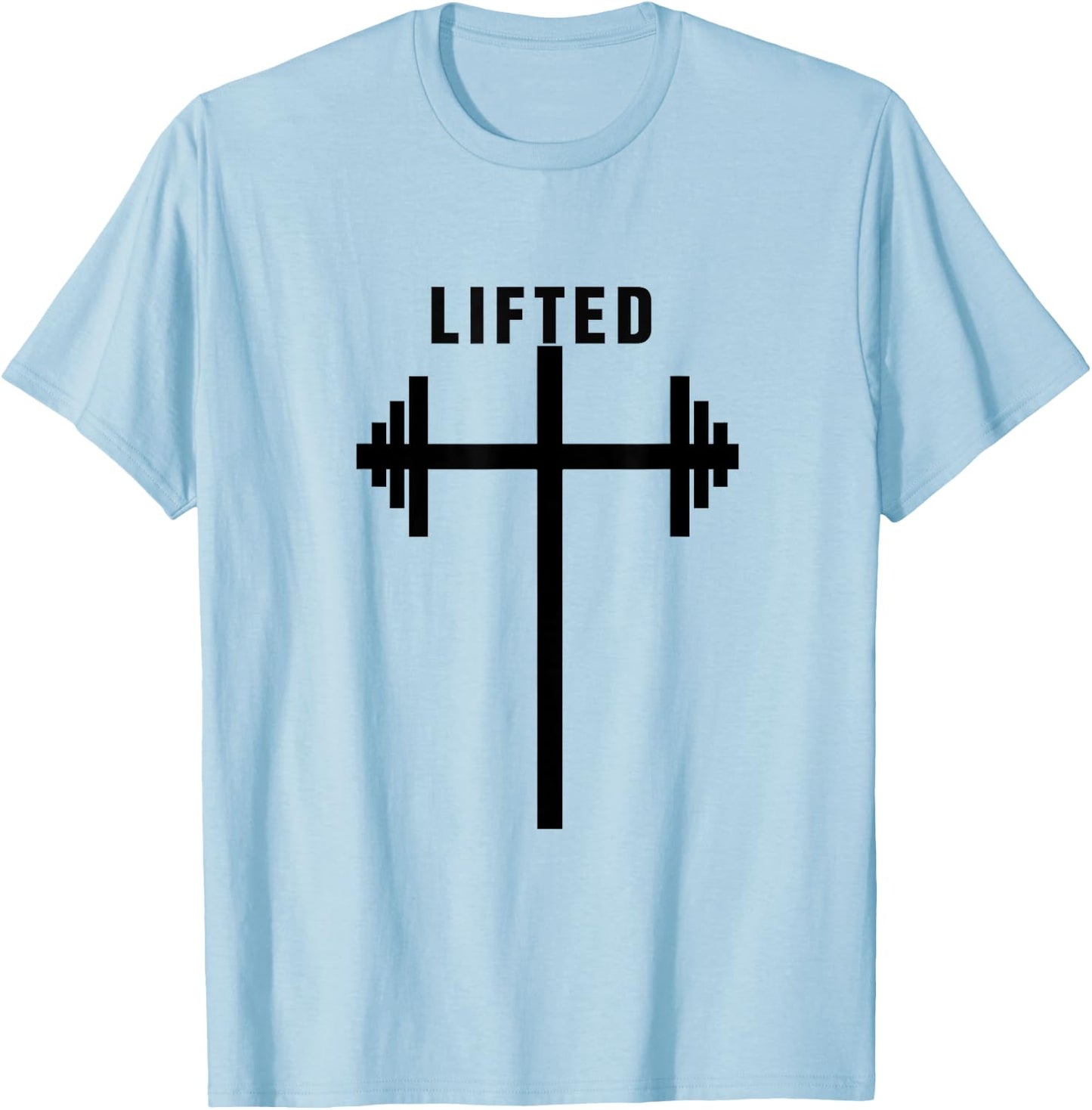 Lifted Dumbbell Barbell Cross Christian Gym Workout Lifting T-Shirt - T-Shirt | Light Blue