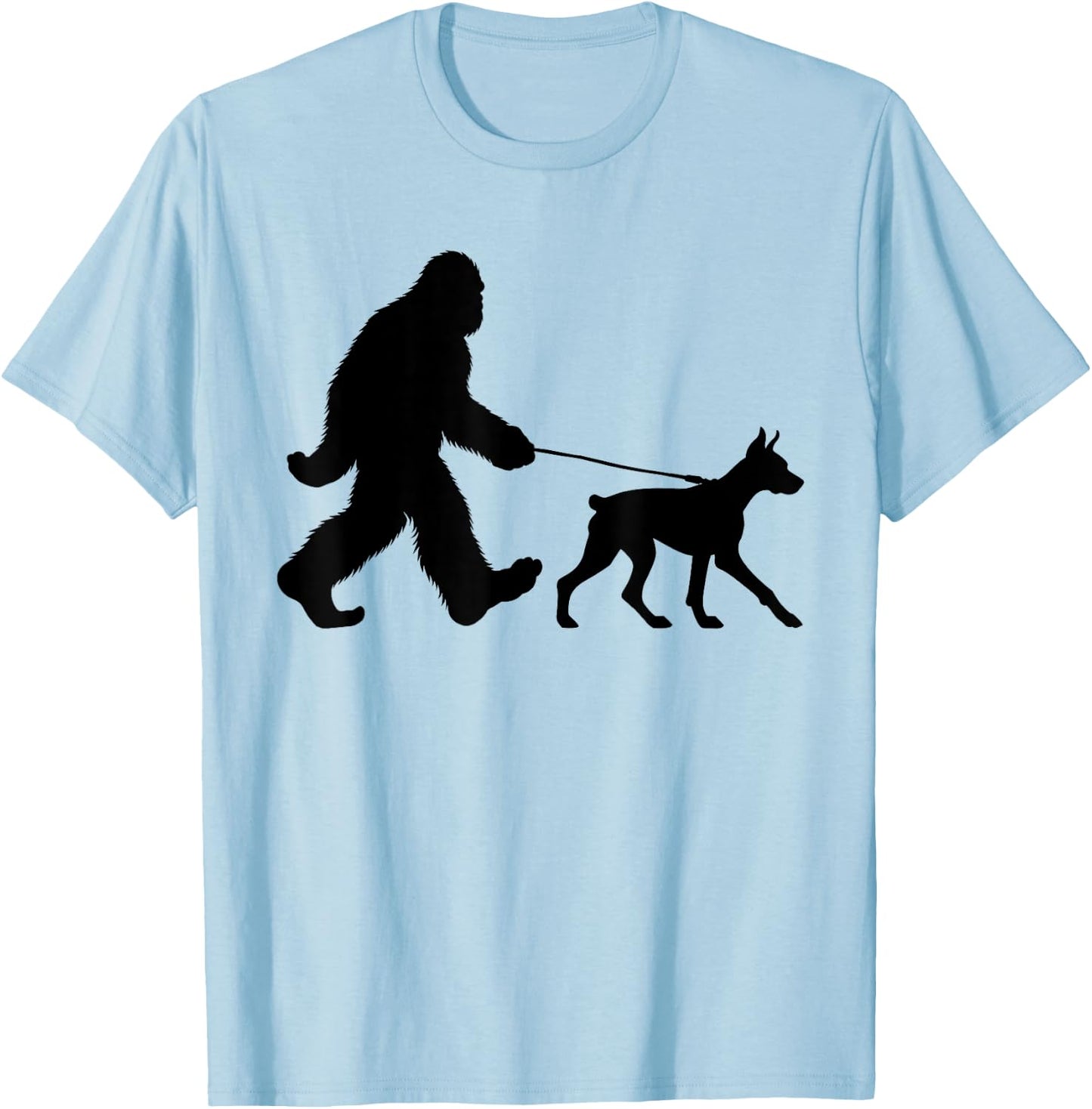 Bigfoot Walking a Dog Funny Doberman Pinscher Lovers Dog Dad T-Shirt - T-Shirt | Light Blue