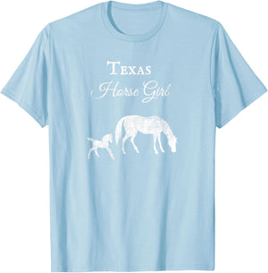 Texas Horse Girl Distressed Design Novelty T Shirt Gift T-Shirt - T-Shirt | Light Blue
