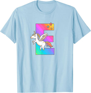 Unicorn Monogram Letter E Initial Cute Girls Birthday Gift T-Shirt - T-Shirt | Light Blue