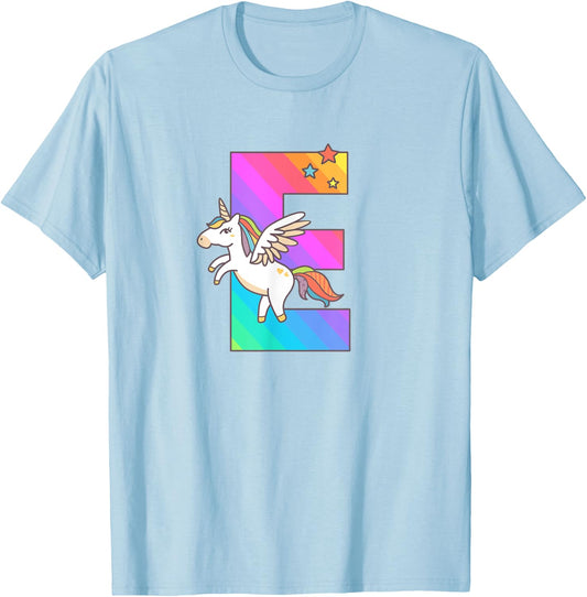 Unicorn Monogram Letter E Initial Cute Girls Birthday Gift T-Shirt - T-Shirt | Light Blue