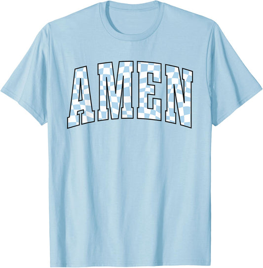 Amen Religious Checkerboard Christian Bible Verse Jesus T-Shirt - T-Shirt | Light Blue
