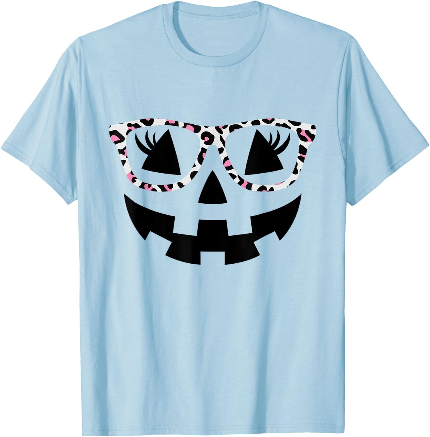 Jack O Lantern Face Pumpkin Halloween Leopard Print Glasses T-Shirt - T-Shirt | Light Blue
