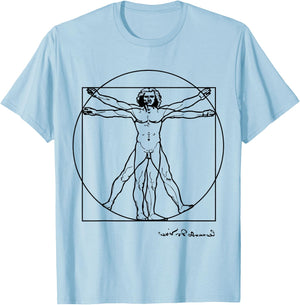 Leonardo Da Vinci The Vitruvian Man T Shirt, Artwork Sketch T-Shirt - T-Shirt | Light Blue