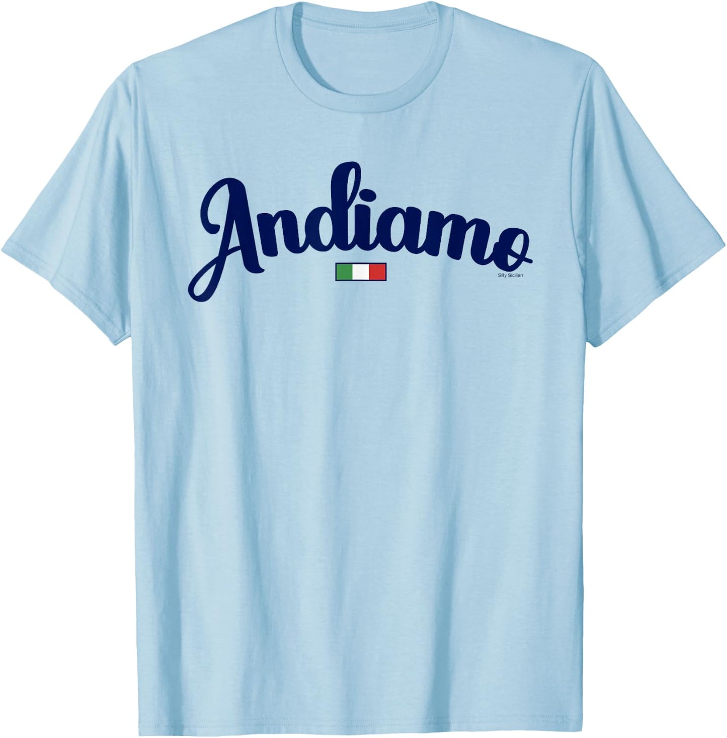 Andiamo Let's Go To Italy Italian Travel Navy Script & Flag T-Shirt - T-Shirt | Light Blue