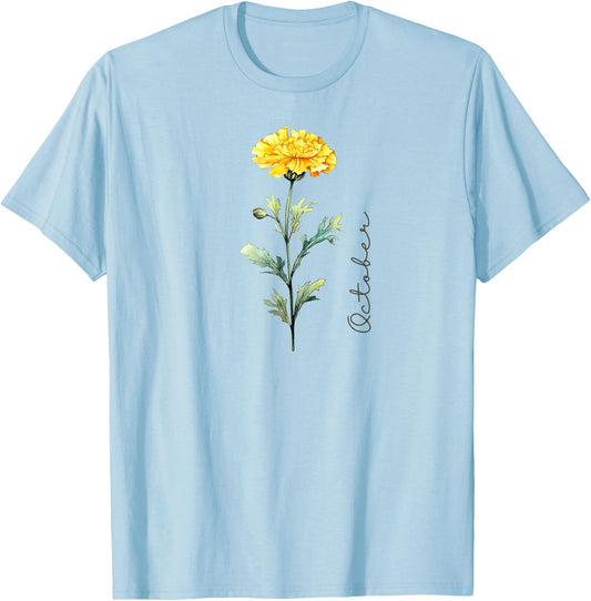 October Birthday Marigold Birth Flower T-Shirt - T-Shirt | Light Blue