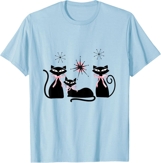 Atomic Cats Pink Bows Black Kitties MCM Girl T-Shirt - T-Shirt | Light Blue