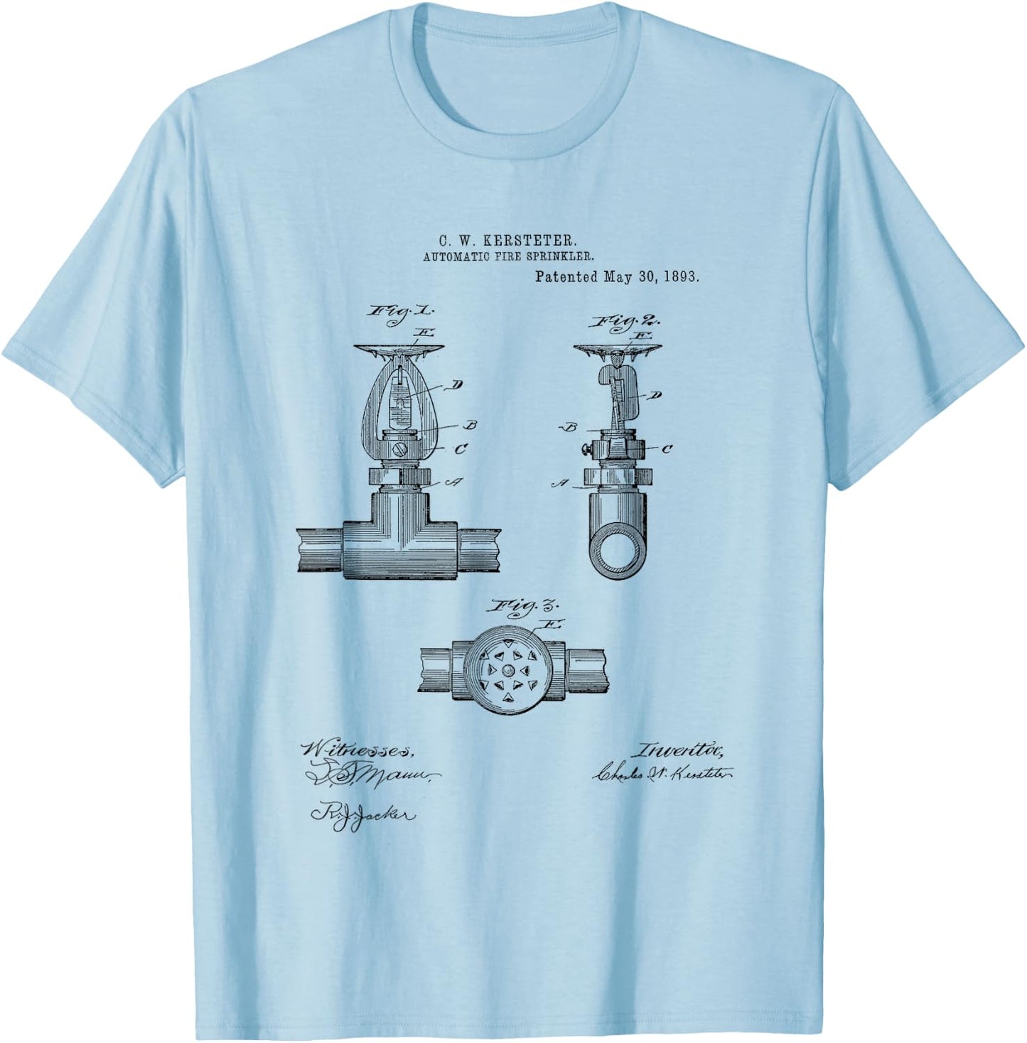 Fire Sprinkler Vintage Patent Hand Drawing Funny Novelty T-Shirt - T-Shirt | Light Blue