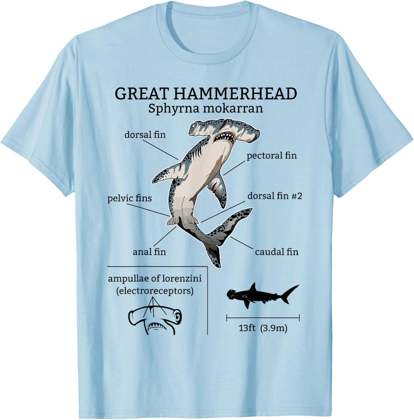 Great Hammerhead Shark Anatomy Ocean Animal Marine Biologist T-Shirt - T-Shirt | Light Blue