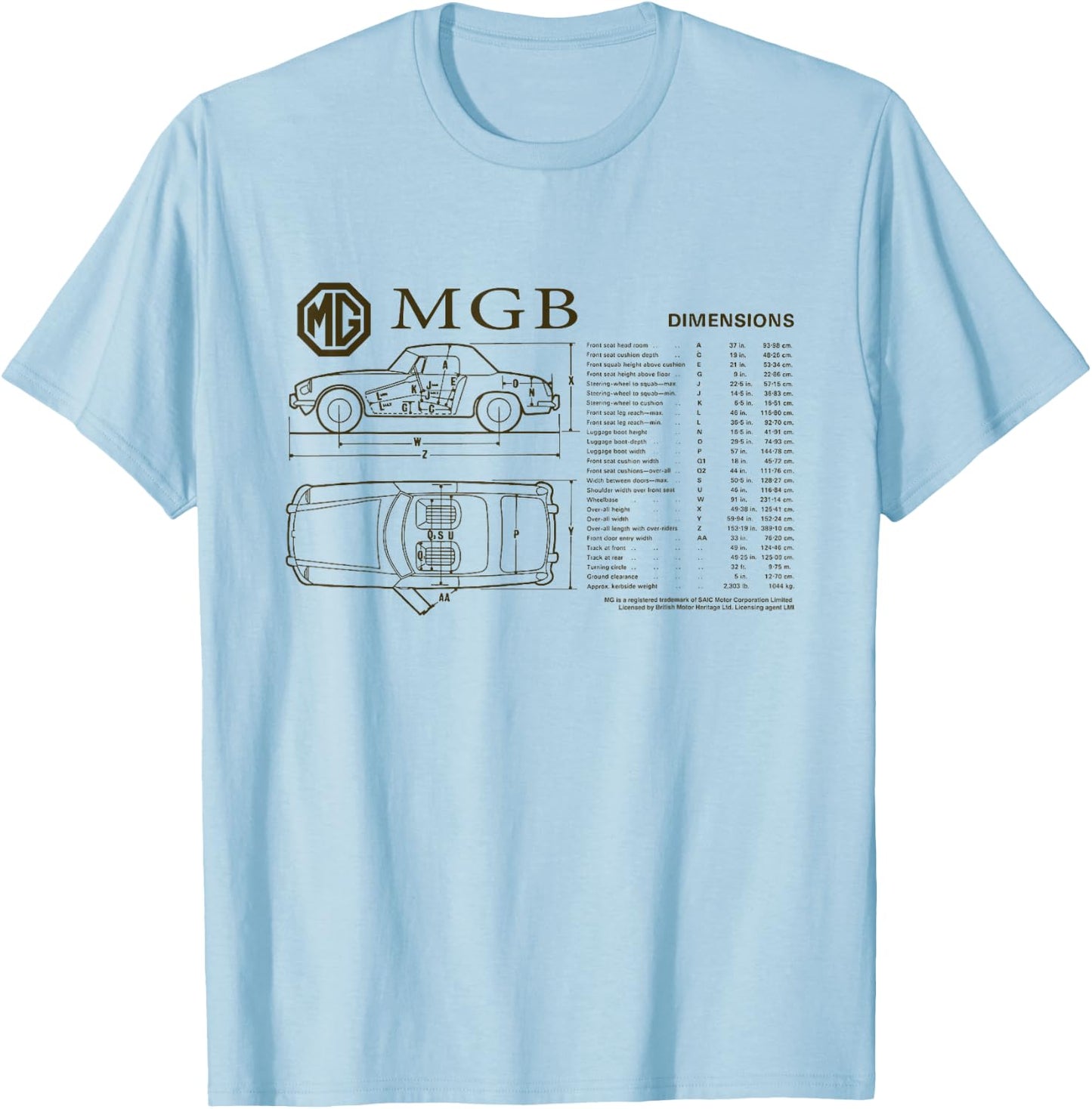 British Motor Heritage MG MGB Car Dimensions T-Shirt - T-Shirt | Light Blue